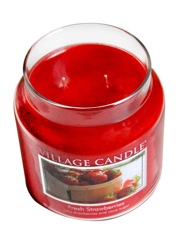 Village Candle Fresh Strawberries Small Fragranced Candle Jar, 11oz, Red