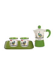 Egan 4-Pieces Cocorico Collection Premium Aluminum Moka Coffee Maker Set with New Bone China 2 Cups + Tray, 228090, Green/White