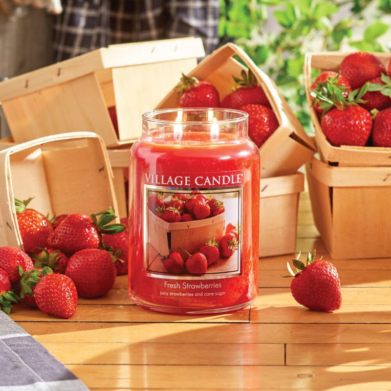 Village Candle Fresh Strawberries Large Fragranced Apothecary Candle Jar, 21.25oz, Red