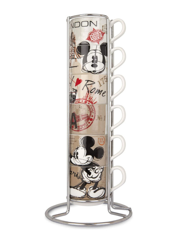 

Egan 6cm 6-Piece Set Porcelain Disney Stackable Coffee Cups with Metal Rack, PWM02I/6XY, Multicolour