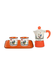 Egan 4-Pieces Cocorico Collection Premium Aluminum Moka Coffee Maker Set with New Bone China 2 Cups + Tray, 228089, Orange/White