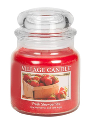 Village Candle Fresh Strawberries Medium Fragranced Candle Jar, 16oz, Red