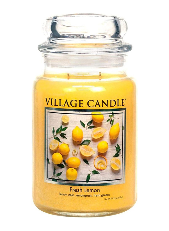 Village Candle Fresh Lemon Large Fragranced Apothecary Candle Jar, 21.25oz, Yellow