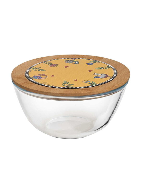 

Egan Cocorico Collection Glass Salad Bowl with Bamboo and Ceramic Lid, 23 x 12cm, Clear/Yellow