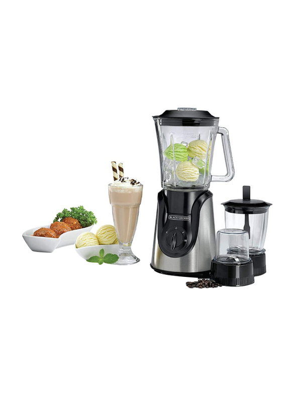 Black+Decker 1.5L Smoothie Maker Blender Maker with Glass Jar, Mincer & Grinder/Chopper, 600W, BX600G-B5, Silver/Black