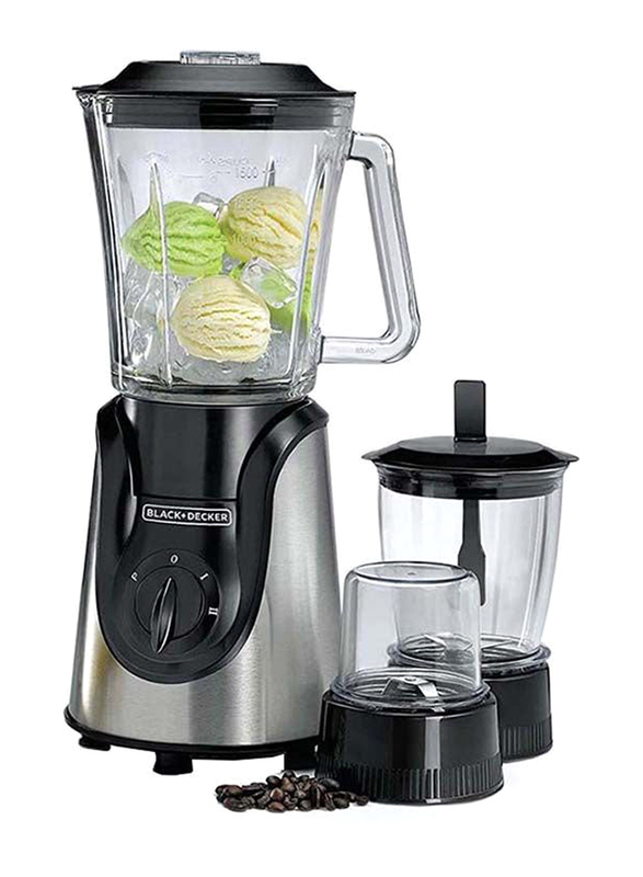 Black+Decker 1.5L Smoothie Maker Blender Maker with Glass Jar, Mincer & Grinder/Chopper, 600W, BX600G-B5, Silver/Black