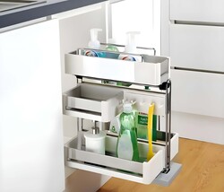 Eurocliq Under Sink Kitchen Pull Out Storage Drawer Organizer With Moveable Top Layer Basket, White/Chrome