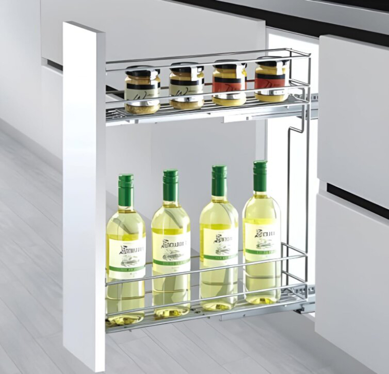 Eurocliq Pull out Seasoning Basket Cabinet Organizer with Soft Close Slide, EQ080615L, White/Chrome