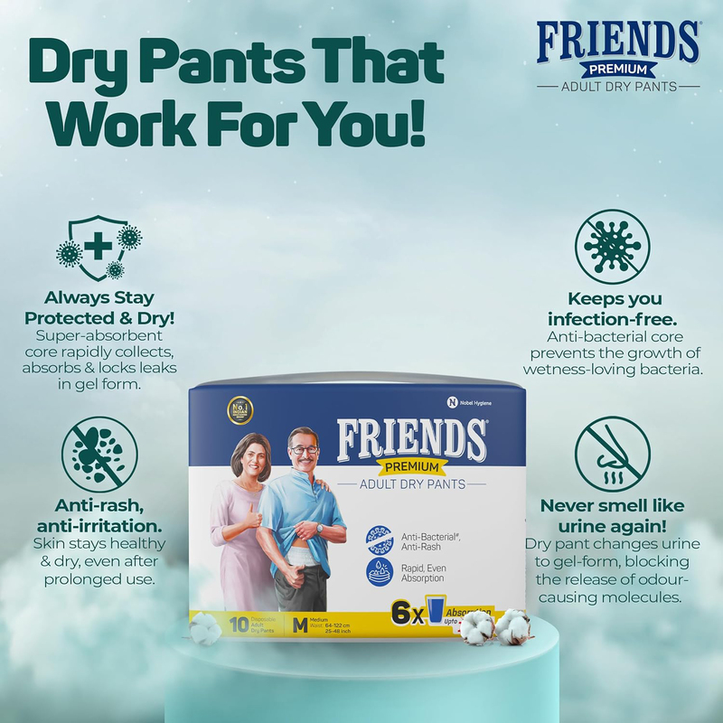 Friends Premium Adult Diaper Pants, Medium, 10 Pieces