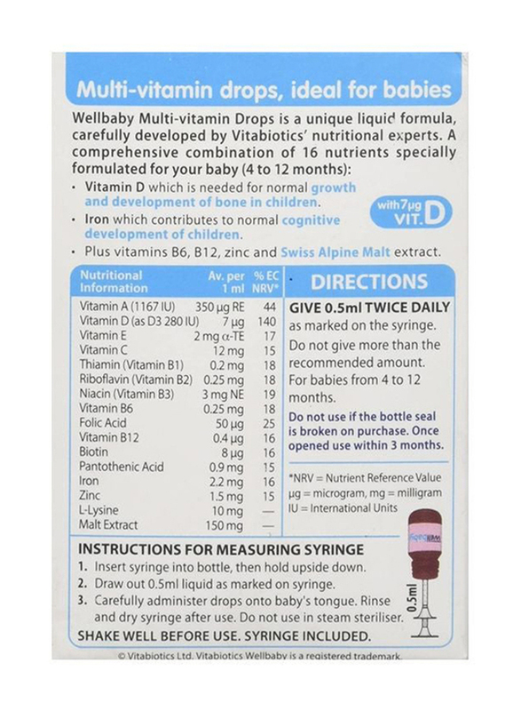 Vitabiotics Wellbaby 30ml Multi-Vitamin Drops for Babies, Multicolour