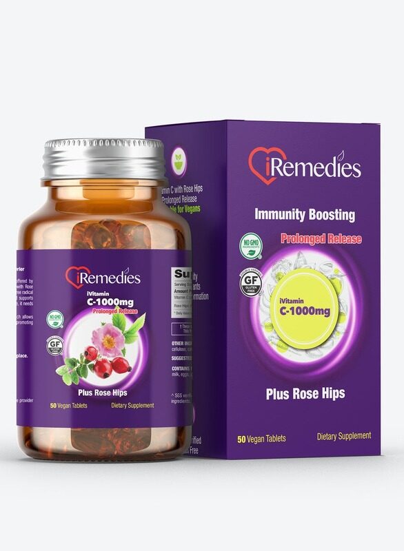 

iRemedies iVitamin C 1000mg Prolonged Release Plus Rose Hips 50 Vegan Tablets, gluten free