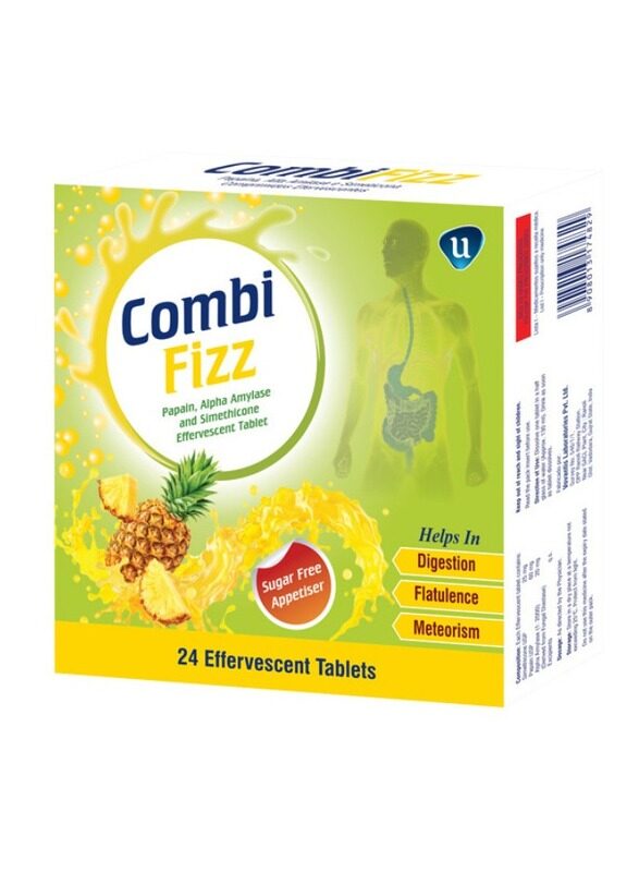 

Combi Fizz 24 Effervescent Tablets, Contains Papain, Alpha Amylase And Simethicone