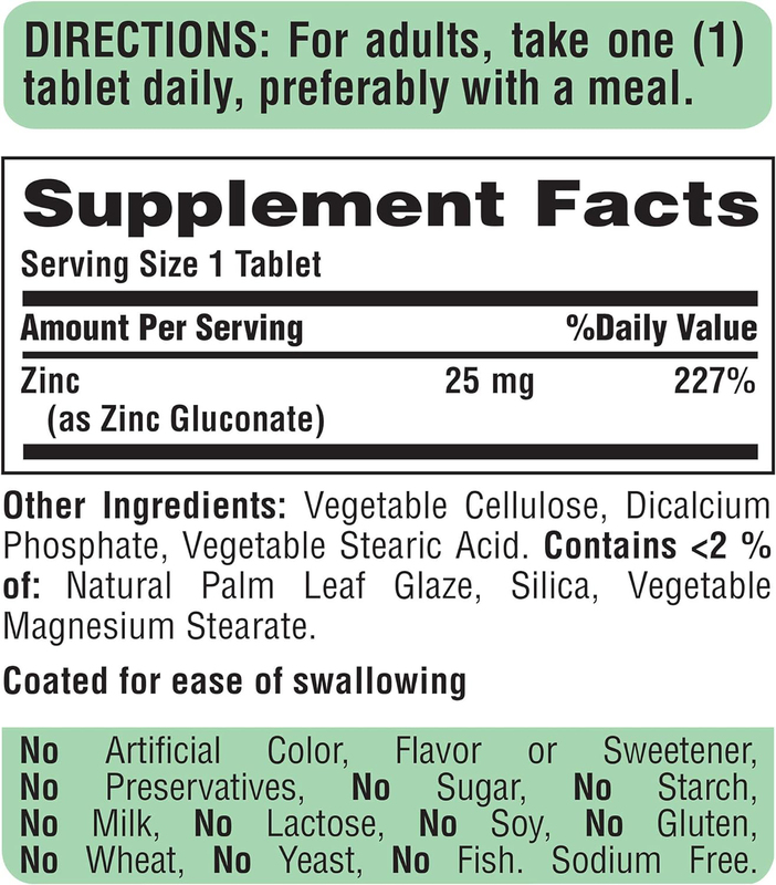 Puritan's Pride Zinc Gluconate Dietary Supplement, 25Mg, 100 Vegetarian Tablets