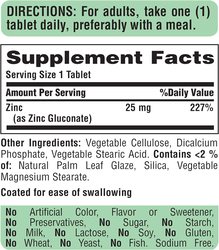 Puritan's Pride Zinc Gluconate Dietary Supplement, 25Mg, 100 Vegetarian Tablets