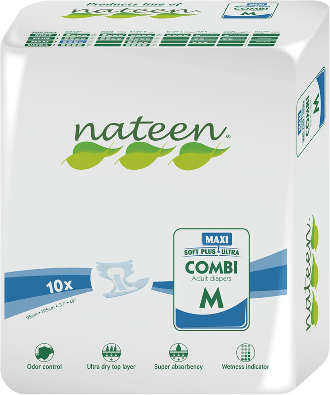 

Nateen Combi Maxi Super Absorbent Hypoallergenic Adult Diapers with Breathable Odor Control Incontinence Briefs, Medium, 10 Pieces