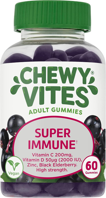 

Chewy Vites Adults Super Immune Vitamins Extra-Strength Vitamin D 200 Iu 200mg C 8mg Zinc Elderberry Real Fruit Juice, 60 Gummies