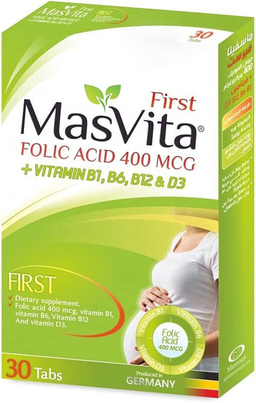 

Masvita First Folic Acid Vitamins B1, B6, B12 & D3, 400mcg, 30 Tablets