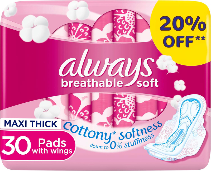 

Always Breathable Soft Maxi Thick, Large Sanitary Pads With Wings, 30 Pads