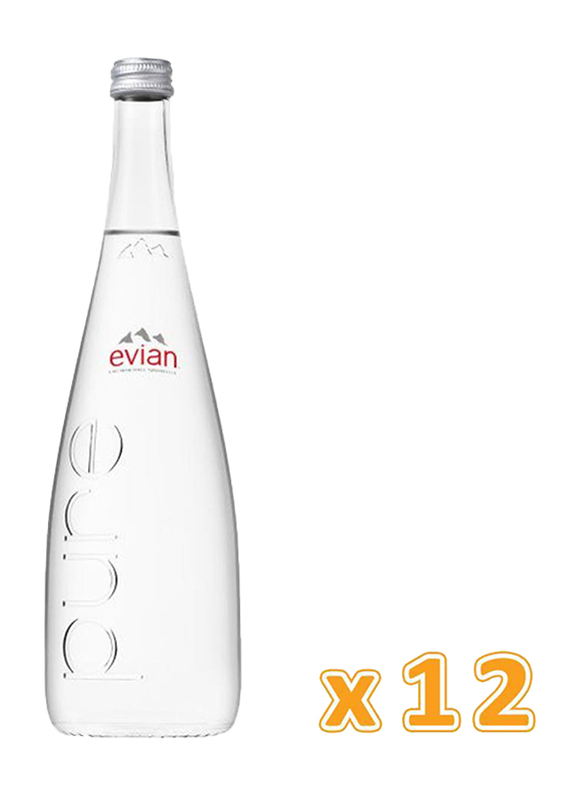 Evian Natural Mineral Water, 12 Glass Bottles x 750ml