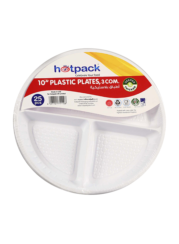 Hotpack 10-inch 25-Piece Plastic Round Plate Set, 3 Compartment, PARPP103D, White