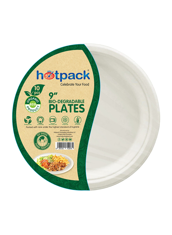 Hotpack 9-Inch 10-Piece Bio-Degradable Round Paper Pulp Plate, White
