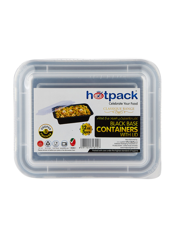 Hotpack 5-Piece Plastic Base Rectangular Container, 12oz, Black