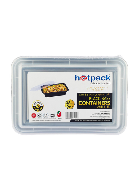 Hotpack 5-Piece Plastic Base Rectangular Container, 38oz, Black
