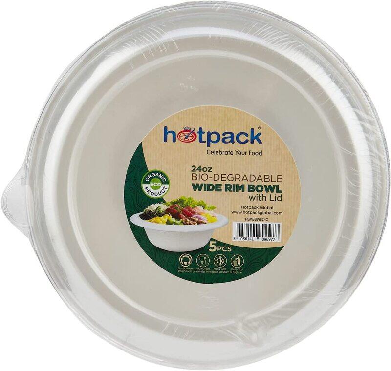 

Hotpack Biodegradable Wide Rim Bowl with Lid, 24oz, 5-Piece, White