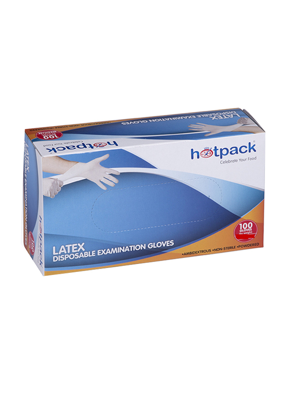 Hotpack Latex Disposable Examination Gloves, Large, 100 Pieces, White