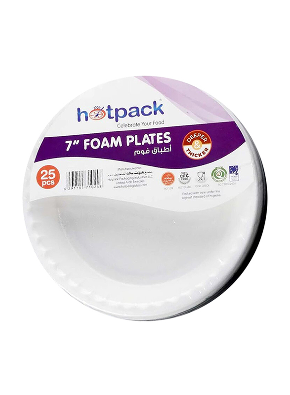 Hotpack 7-inch 25-Piece Foam Round Plate Set, RFP7PKT, White