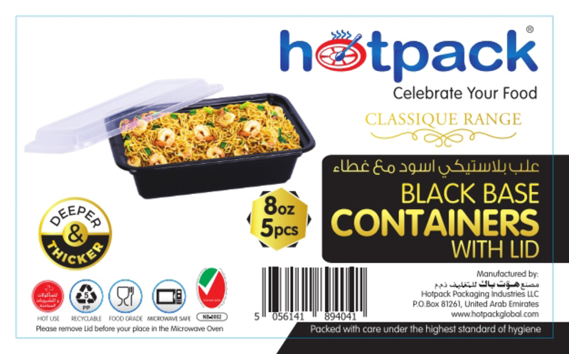 Hotpack 5-Piece Plastic Base Rectangular Container Set, 8oz, Black