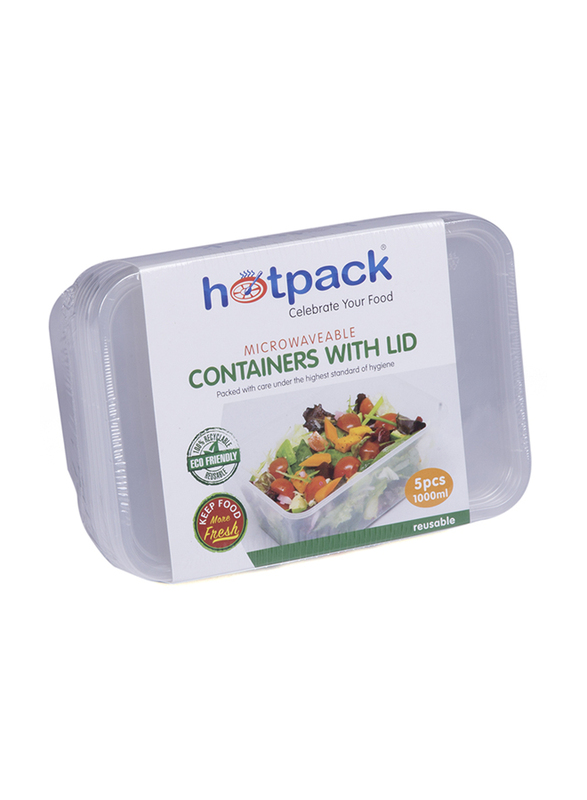 Hotpack 5-Piece Plastic Microwave Rectangle Food Storage Container Set with Lid, 1000cc, Clear
