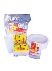 Hotpack Combo Pack Set, Foam Plate 25-Piece + Napkin + Spoon 50-Piece + Plastic Cup 25-Piece, White