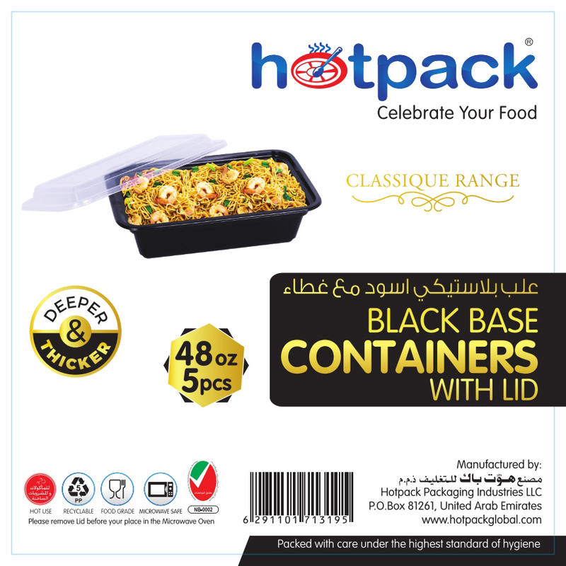 Hotpack 5-Piece Plastic Base Rectangular Container, 48oz, Black