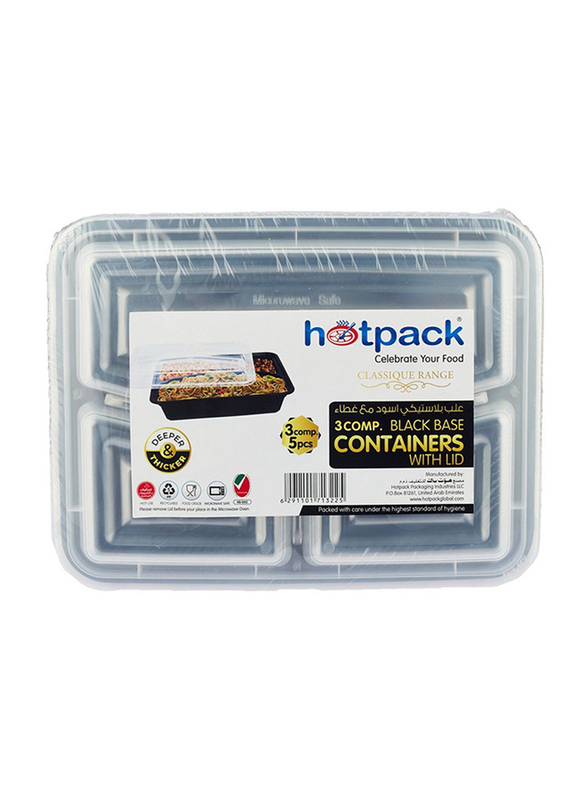 Hotpack 5-Piece Plastic 3 Compartment Base Container with Lids, Black/Clear