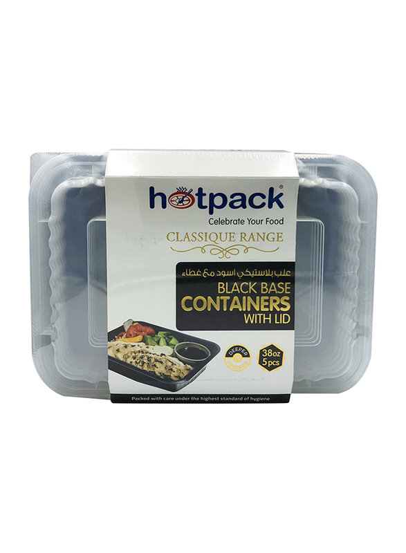 Hotpack 5-Piece Plastic Base Microwave Rectangular Container Set, 38oz, Black
