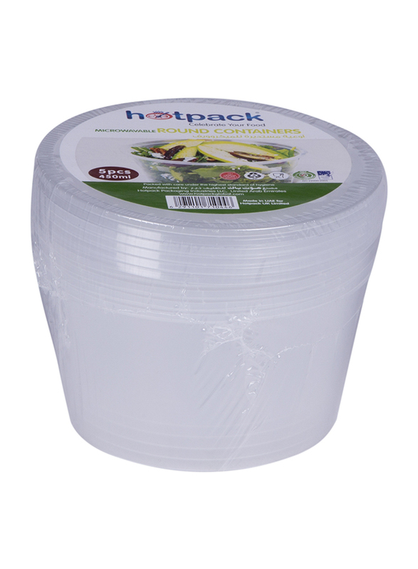 Hotpack 5-Piece Plastic Microwave Round Food Storage Container Set, 450cc, Clear