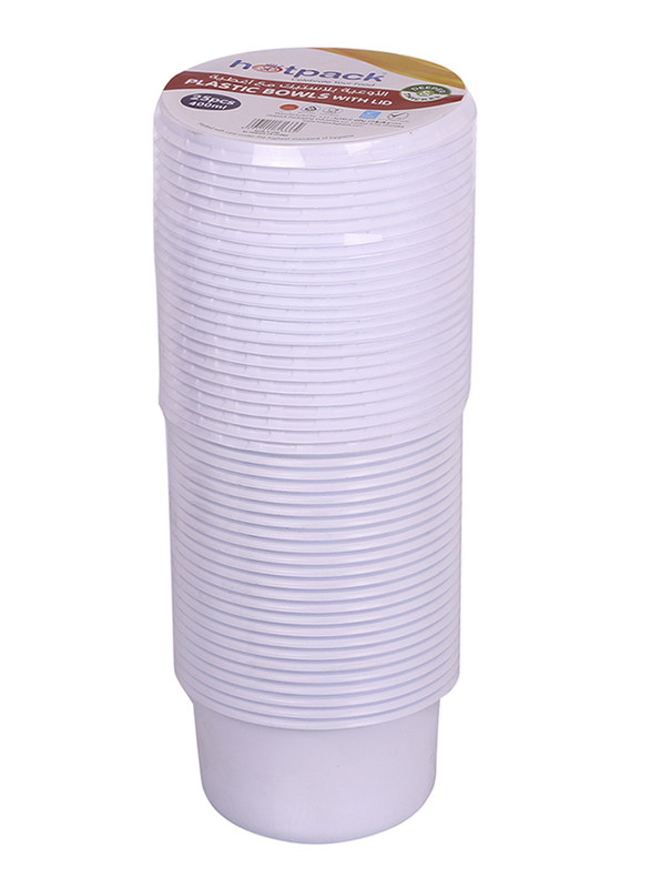 هوت باك أوعية بلاستيك مستديرة مع غطاء من 25 قطعة، 400 مل، HSMPB400، أبيض