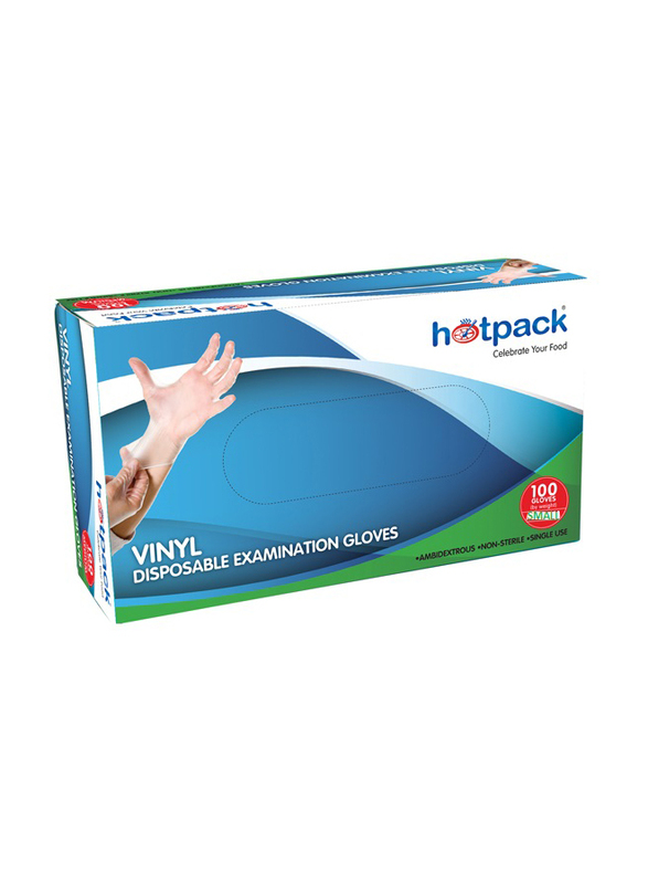 Hotpack Vinyl Disposable Examination Gloves, Small, 100 Pieces