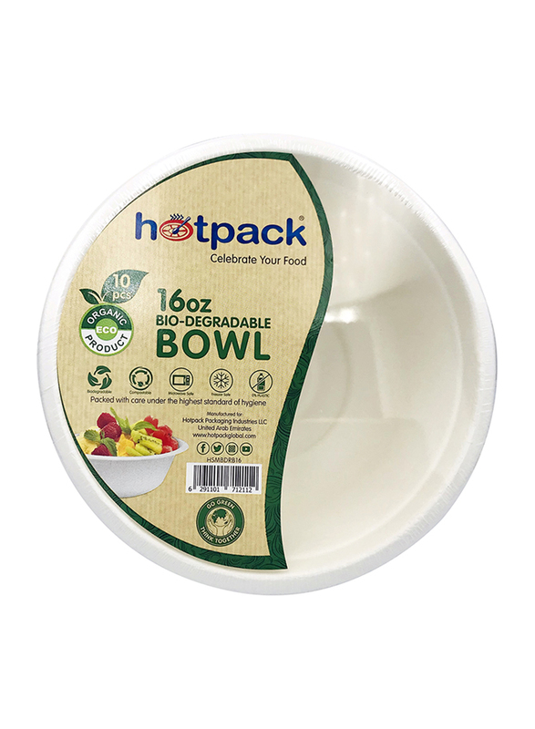 Hotpack 16oz 10-Piece Bio-Degradable Round Paper Pulp Bowl, White