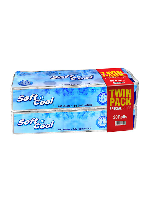 

Soft N Cool Toilet Roll Twin Pack, 5 Packs, 20 Rolls x 400 Sheets x 2Ply (400 Meters)