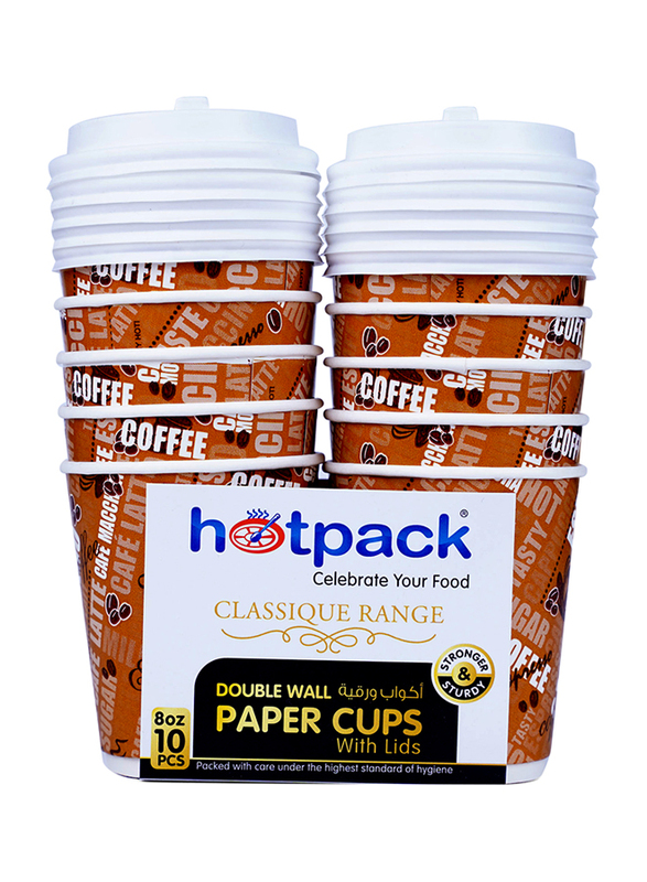 Hotpack 8oz 10-Piece Set Double Wall Paper Cup with Lids, White/Brown