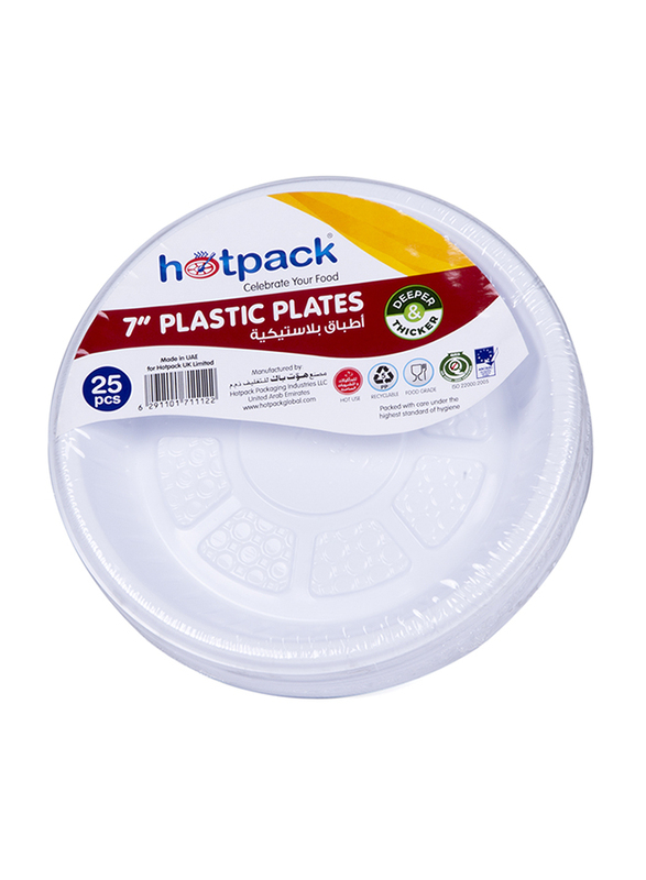Hotpack 7-inch 25-Piece Plastic Round Plate Set, PARPP7D, White