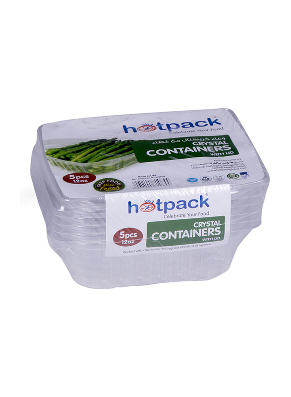 Hotpack 5-Piece Plastic Rectangle Container Set with Lid, 12oz, Crystal Clear
