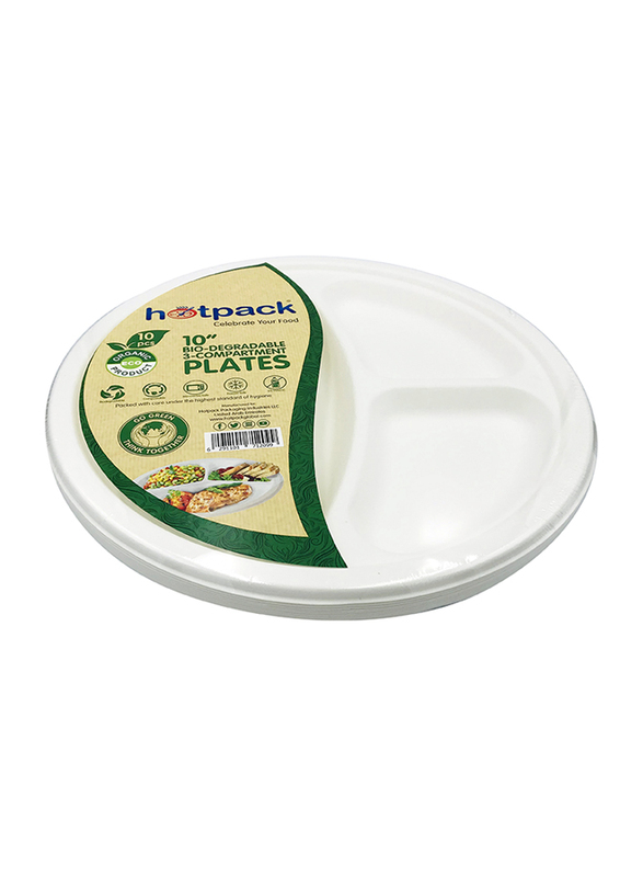 Hotpack 10-Inch 10-Piece Bio-Degradable 3-Compartment Round Paper Pulp Plate, White