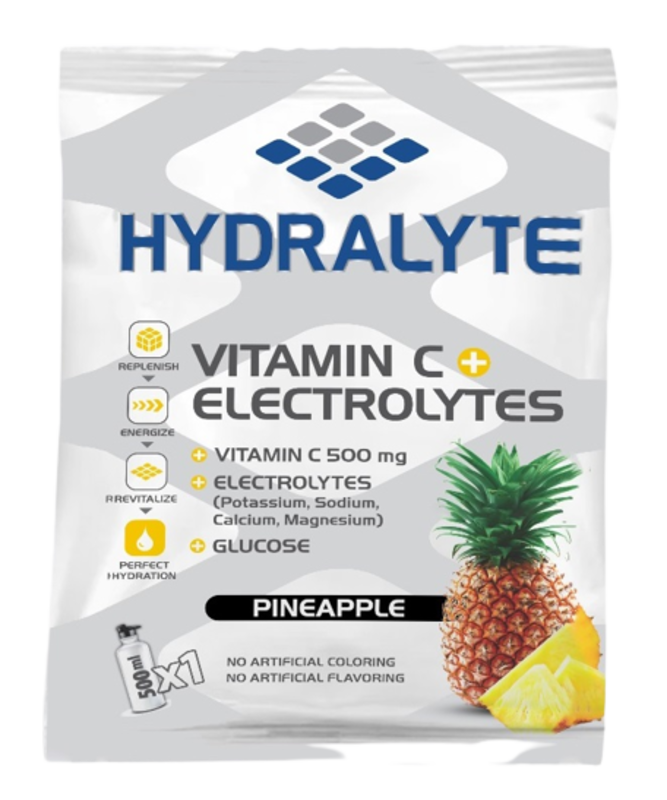 Hydralyte Vitamin C + Electrolyte Hydration Sports Drink Powder Mix , 1 Sachet make 500ml , Natural Electrolyte Replacement Supplement for Rapid Hydration , Pineapple Flavor, 20 gm Pack of 200
