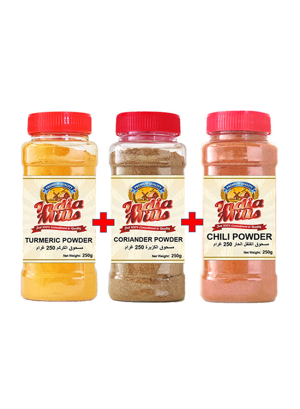 

India Mills Spices Jar Set, Turmeric + Coriander + Chilli, 3 x 250g