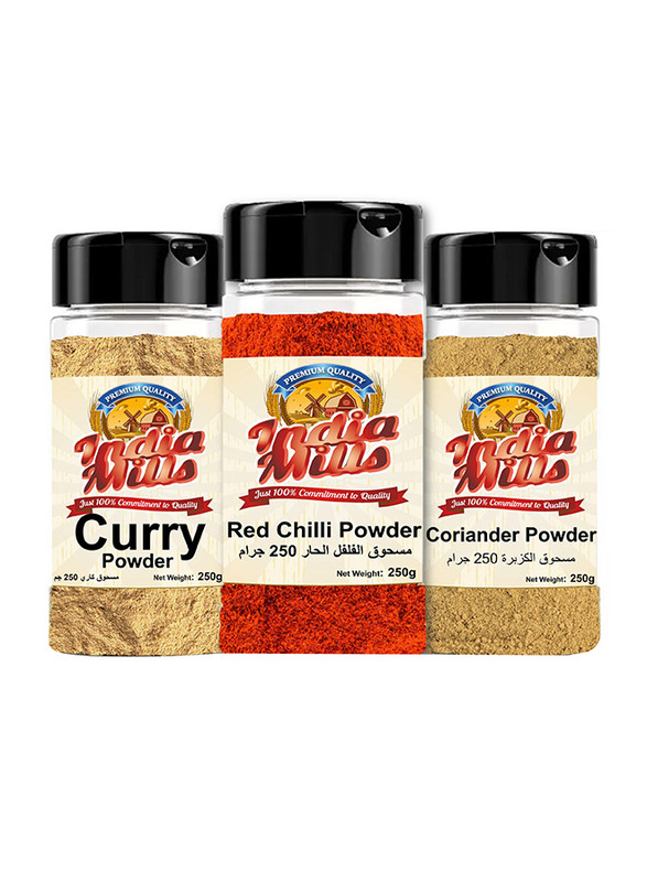 India Mills Spices Jar Set, Curry + Coriander + Chilli, 3 x 250g