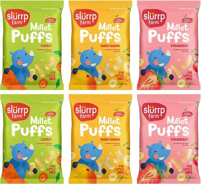 

Slurrp Farm Teething Puffs ; Fruit and Vegetable Puffs, Baked in Yummy Flavours- Carrot, Strawberry & Banana, Mango ; Pack of 6