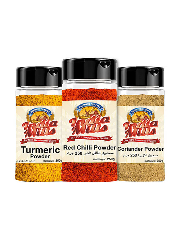 India Mills Spices Jar Set, Turmeric + Coriander + Chilli, 3 x 250g